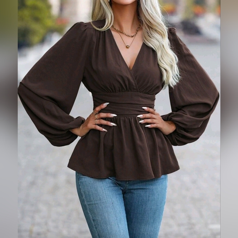 NEW Chic Ruched Waist Lantern Sleeve Peplum Top Blouse Dark Brown - Picture 2 of 8